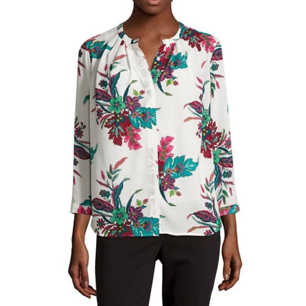Small Like New Liz Claiborne Semi Sheer Chiffon White Floral Blouse